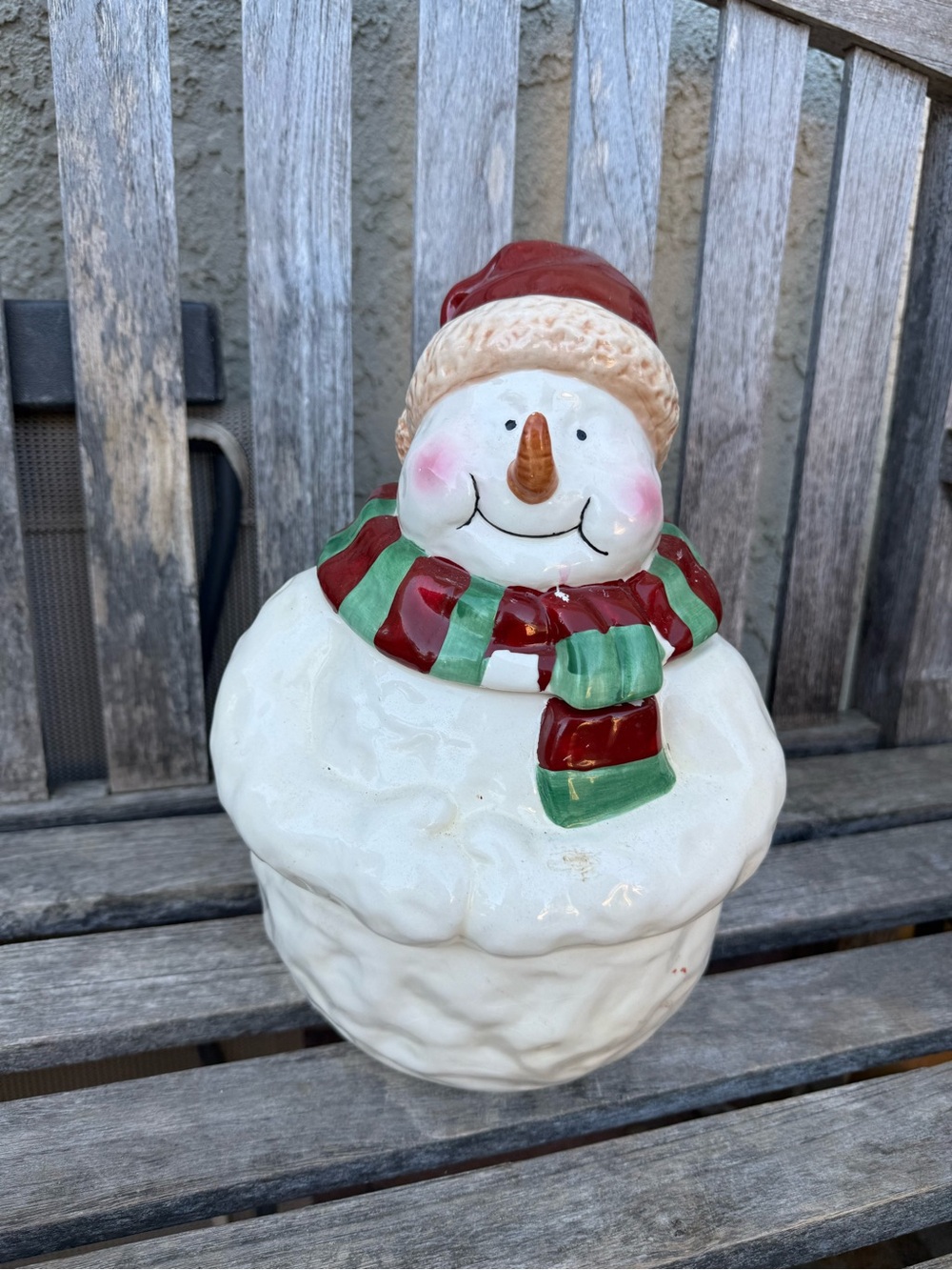 Festive White Snowman Cookie Jar with Red and Green Scarf 13”